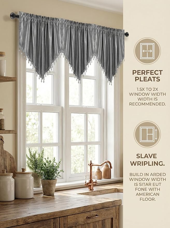 Molaxhome Swag Curtain 51 inch Length Rod Pocket Scalloped Curtain Valance Sheer Lace Panels with Hanging Crystal Beads for Kitchen Bedroom Window Treatments Drape Decor 1pc (Cloth Grey, 51Wx23L)
