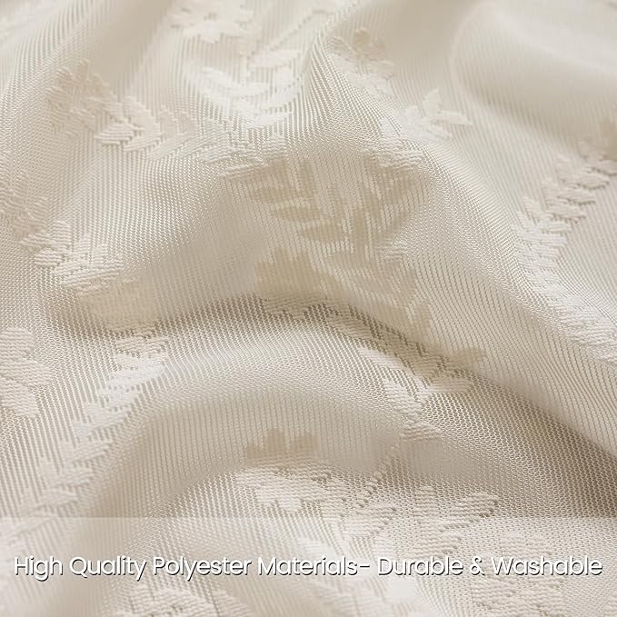 WAZZIO Boho Lace Curtains 2 Panels 45 Inches -Cute Vintage Victorian Sheer Panel Drape French Country Floral Pattern & Tassel Light Filtering Privacy for Bedroom Dining Living Room,Beige,W52x L45