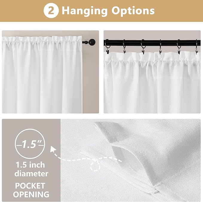 OVZME White Valance for Windows, Light Filtering Thick Textured Small Kitchen Valances for Window, Dual Rod Pocket Farmhouse Short Curtain for Bathroom Basement, 1 Piece, 60Wx16L Inch