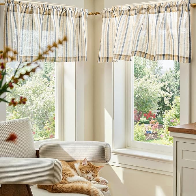 jinchan Valance Curtain Linen Textured Striped Window Curtain for Living Room Light Filtering Farmhouse Valance for Kitchen Rod Pocket 1 Panel 16 Inch Multi Blue on Linen 1 Panel