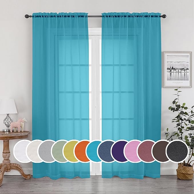 OWENIE Turquoise Blue Sheer Curtains, Sheer Curtains 84 inch Length 2 Panels Set, Rod Pocket Voile Fimly Sheer Drapes for Living Room/Bedroom, 2pcs, Each 42" W x 84" L