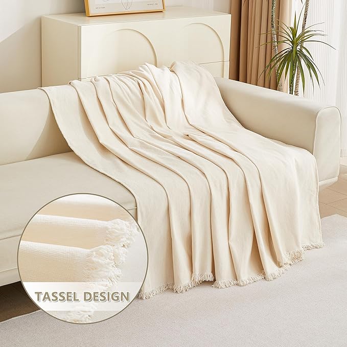 MYSKY HOME Beige Couch Covers Boho Style Chenille for 2 Cushion L-Shape Washable Couch Blanket with Tassel Pet Cushion Cover, 71" X102