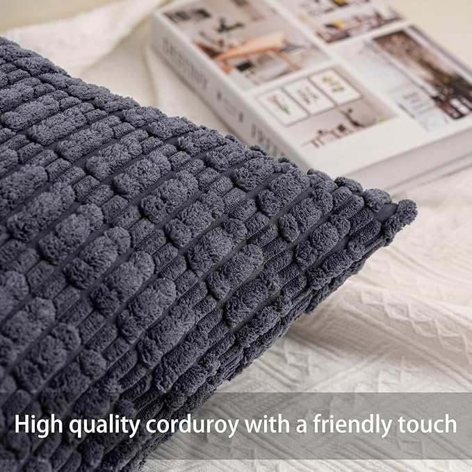 Pack of 2 Corduroy Decorative Throw Pillow Covers 22x22 Inch Soft Striped Pillow Covers Modern Farmhouse Home Decor for Sofa Living Room Couch Bed（Dark Grey）