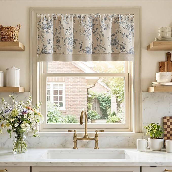 jinchan Amlie Floral Linen Valance Curtain Farmhouse Kitchen Valance for Living Room Laundry Light Filtering Double Layer Cottagecore Window Treatment Rod Pocket 1 Panel 16 Inch Blue on Linen