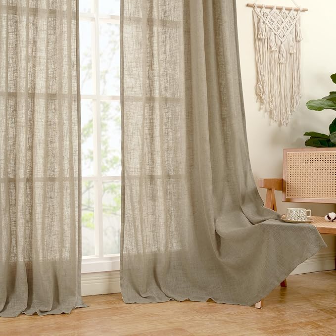 LAMIT Taupe Linen Curtains 30 Inch Length, Semi Sheer Light Filtering Window Panels Back Tab and Rod Pocket Drapes for Kitchen/Basement/Small Windows, 25 x 30 Inch, 2 Panels