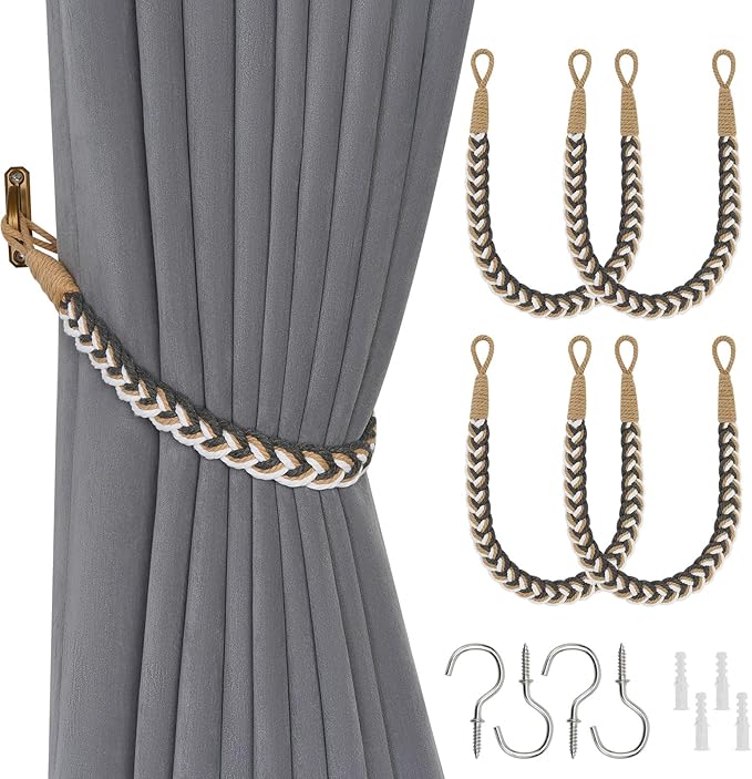 NICEEC 4 Pack Natural Cotton Rope Curtain Tiebacks Elegant Boho Style Decorative Drape Tie Backs Soft Hand-Woven Rope Curtain Holdbacks with Metal Hook for Home & Office Drapery (Grey & Beige)