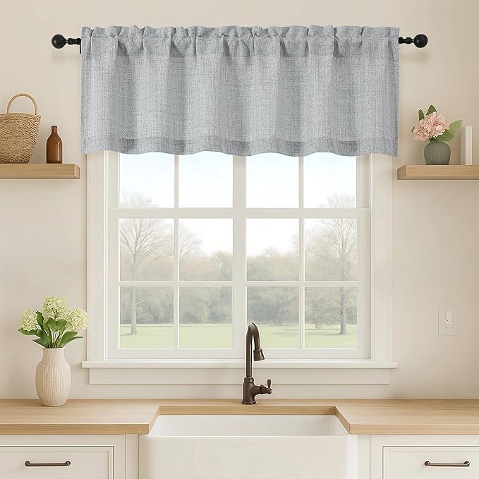OVZME Grey Valance for Windows, Light Filtering Faux Linen Textured Small Short Valance Kitchen Curtain, Dual Rod Pocket Top Short Window Curtain for Bathroom Basement Farmhouse, 1 Piece, 60Wx16L