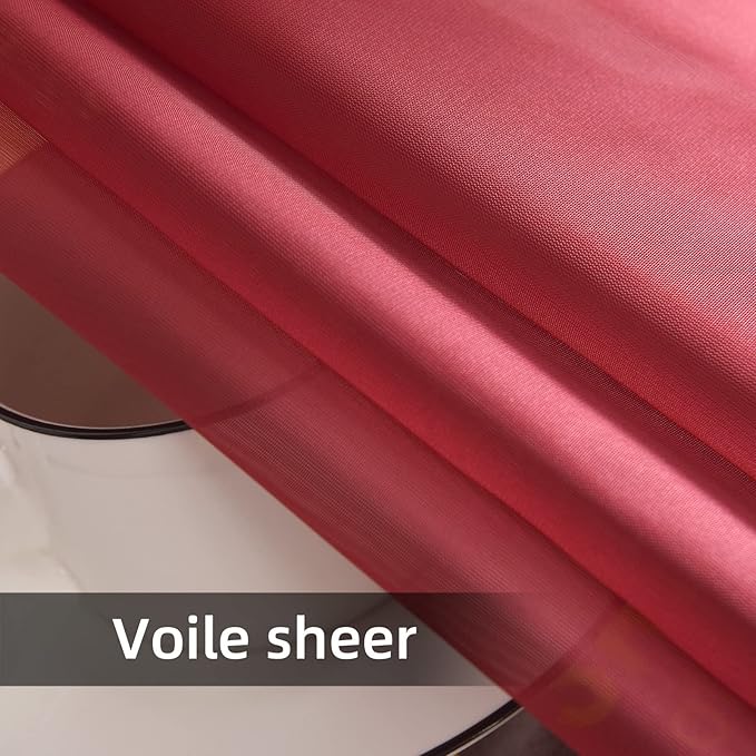 youleyar Solid Sheer Rod Pocket Curtain Voile Draperies 2 Panels White Beige Black Grey Coffee 52 Inch Width 45 Inch Long 1 Pair for Kitchen Bedroom Children Living Room Yard (Wine Red,52Wｘ45L)