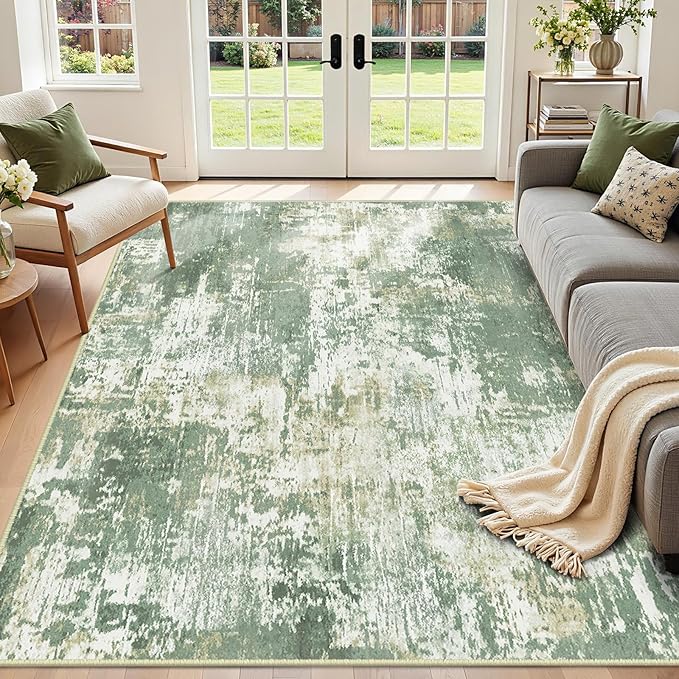 Washable Area Rugs 8'x10' Non-Slip Modern Abstract Soft for Living Room Entryway Bedroom Nursery, Print Pattern, Light Green/Yellow