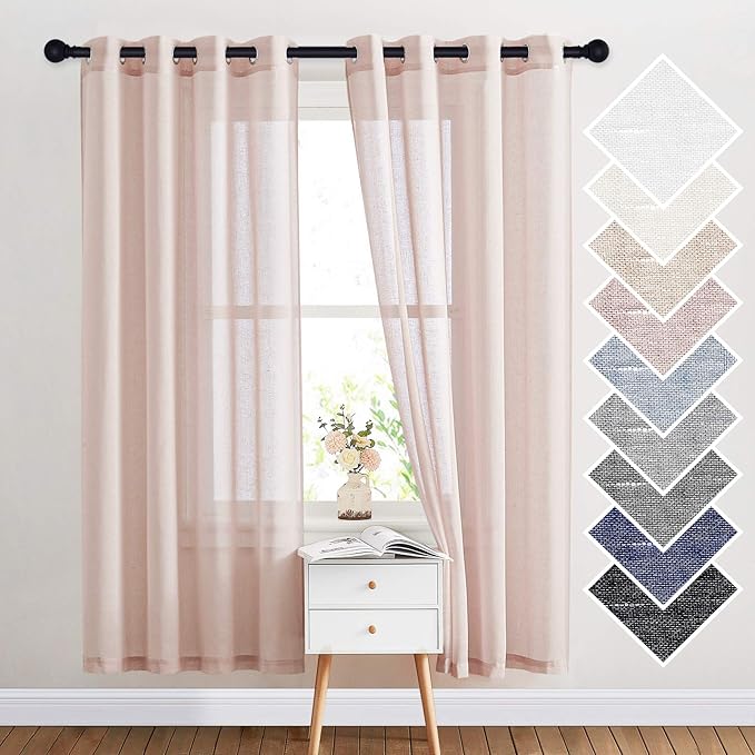 NICETOWN Flax Natural Blend Semi Sheer Curtains 72" L for Nursery, Decorative Grommet Semitransparent Casual Window Treatment Privacy Protect for Flat/Apartment, 52" W, 2 PCs, Dusty Blush