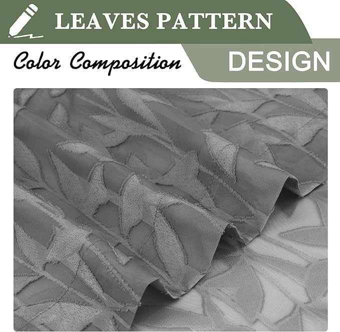 Lecloud Leia Charcoal Grey Sheer Curtains 45 Inch Length 2 Panels, Elegant Balance Light & Privacy Jacquard Textured Leaf Curtains, Dual Rod Pockets Drapes for Bedroom Living Room, 28" W x 45" L