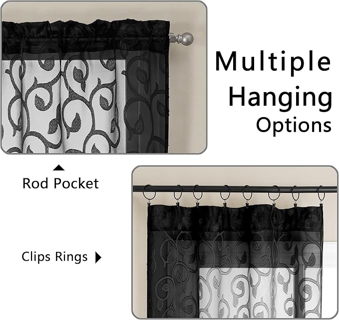 OWENIE Furman Sheer Black Curtains 90 inches Long for Bedroom Living Room 2 Panels Set, Light Filtering Soft Semi Sheer Jacquard Clip Farmhouse Curtains Rod Pocket Design, Each 52Wx90L inch
