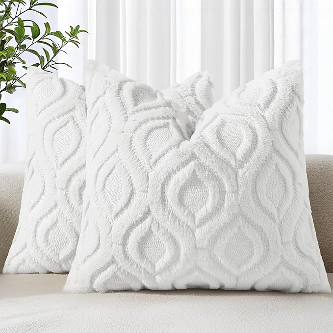 decorUhome Throw Pillow Covers 22x22 Inch Set of 2, Soft Plush Faux Wool White Solid Couch Pillow Covers, Accent Euro Sham Farmhouse Neutral Square Pillow Cases for Sofa Bed Living Room
