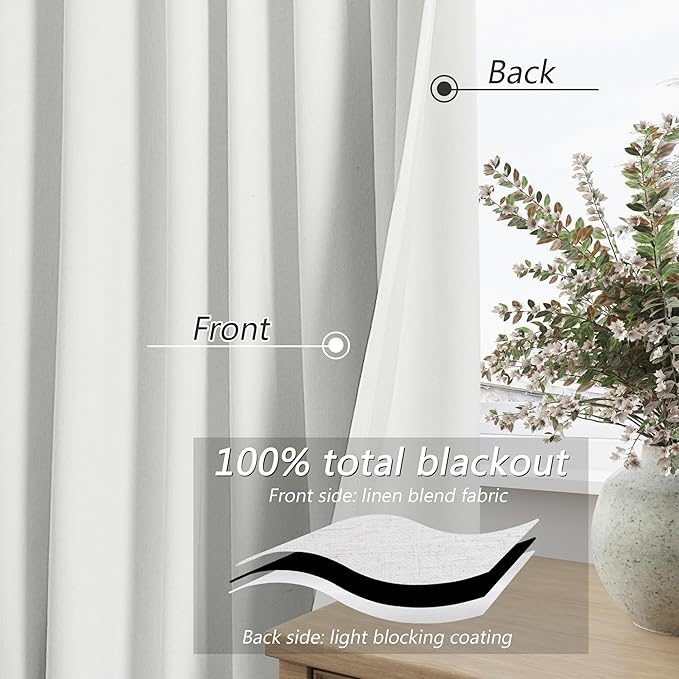 Guken White 100% Blackout Linen Curtains 102 Inch Length 2 Panels Set for Living Room Bedroom Back Tab Rod Pocket Thermal Insulated Black Out Drapes Room Darkening Farmhouse Window Curtains,52x102
