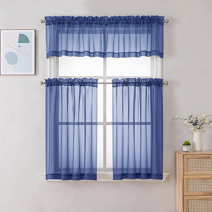 Gwine Royal Blue Sheer Curtains 30 Inch Length, Short Light Filtering Voile Small Cafe Kitchen Curtains with Rod Pocket, Short Curtain for Bathroom Window, 42x30 Inch, 2PCS