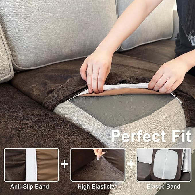 Leather Look Couch Cushion Covers Sofa Seat Slipcovers Sets Couches Furniture Protector for Sectional Armchair Loveseat Pets Kids Stretch Spandex Fabric (1 Cushion Loveseat, Brown)
