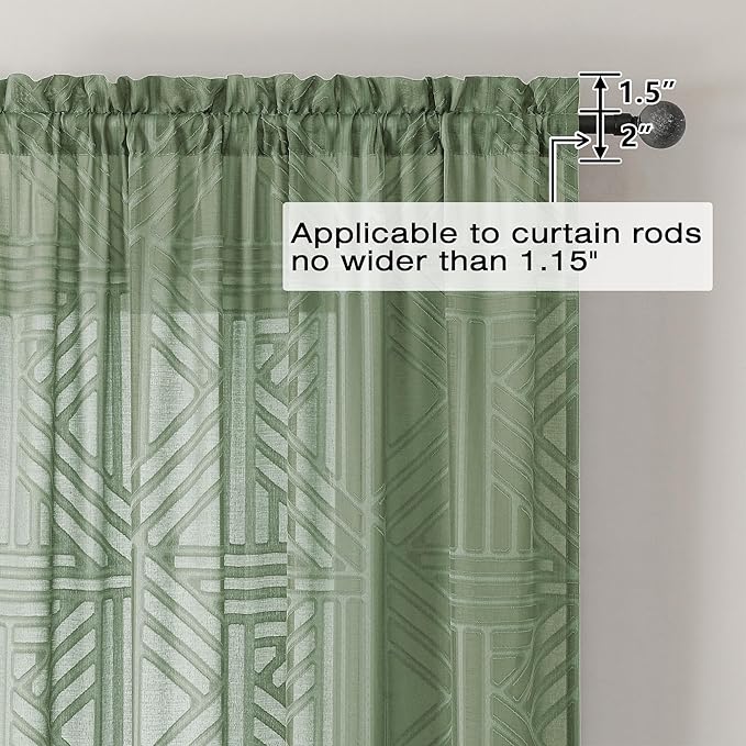Simplebrand Sage Green Semi Sheer Curtains 84 Inches Long 2 Panels, Light Filtering Geometric Jacquard Clip Textured Sheer Curtains for Bedroom，Modern Elegant Window Curtains Drapes，42x84 inch