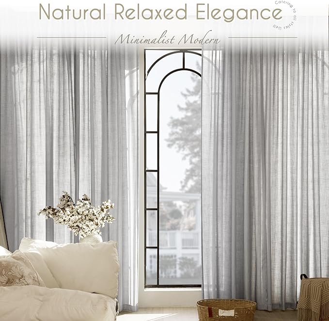 Linen Blend Grey Curtains for Living Room Back Tab Modern Farmhouse Semi Sheer Light Gray Curtains 84 inches Long 2 Panels Set Muted Neutral Cotton Texture Window Curtain for Dining Room Bedroom