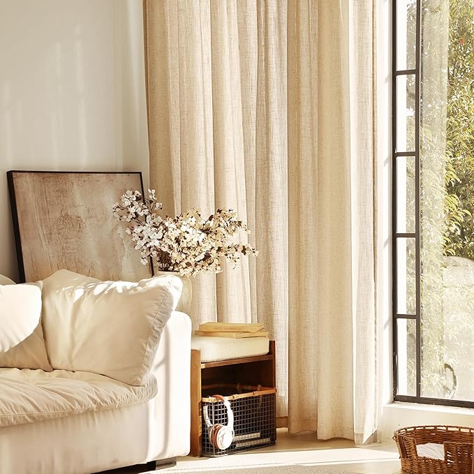 Tan Linen Curtains 84 inches Long for Living Room Back Tab Rustic Farmhouse Semi Sheer Light Filtering Window Curtain Dining Room Soft Thick Flax Linen Textured Drapes Kahki 52x84