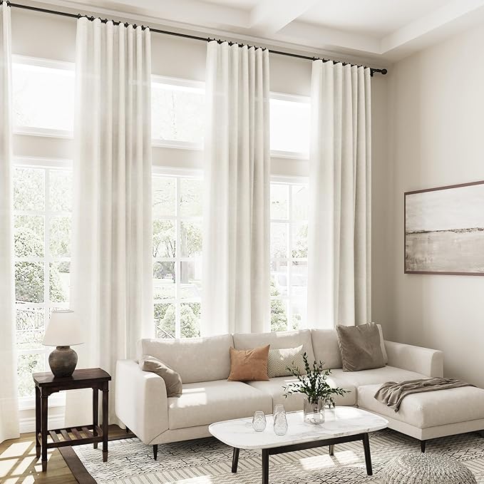 Cream Linen Curtains 91 Inches Long for Living Room Extra Long Back Tab Curtains Neutral Farmhouse Light Filtering Semi Sheer Linen Drapes Ceiling to Floor for Large Window 2 Panels Set 52x91