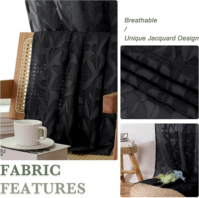 Lecloud Leia Black Sheer Curtains 72 Inches Long 2 Panels, Jacquard Leaf Textured Light Filtering Bedroom Curtains, Rod Pockets Airy Voile Drapes for Living Room Dining Room, Each Panel 42" W x 72" L