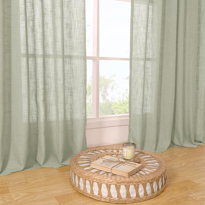 LAMIT Sage Grey Linen Kitchen Curtains 30 Inch Length, Semi Sheer Light Filtering Window Panels Back Tab and Rod Pocket Drapes for Basement/Small Windows, 34 x 30 Inch, 2 Panels