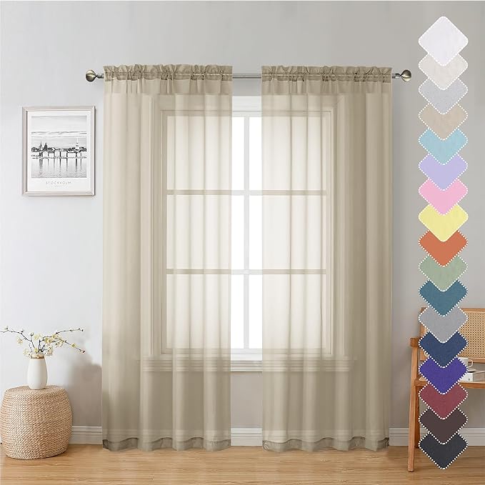 Lecloud Taupe Sheer Curtains 72 Inch Length 2 Panels, Light Filtering Soft Solid Voile Tan Sheer Curtain for Bedroom Living Room, Airy Gauzy Double Rod Pockets Window Drapes, Each 42Wx72L Inches
