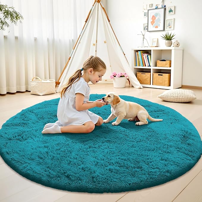 OLANLY Teal Round Rugs for Bedroom - Machine Washable, 7 ft Circle Area Rugs for Living Room, Soft and Fluffy Shaggy Carpet for Teen Girl and Boys, Nursery Rooms, Dorms, Home Decor Aesthetic