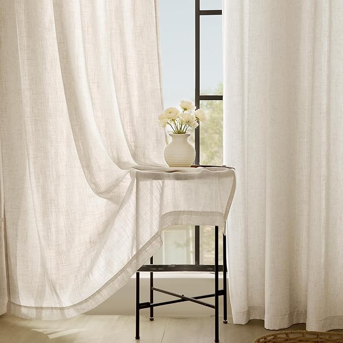 Apricot Linen Curtain 96 inch Length 2 Panels Set Back Tab Light Filtering Living Room Curtain Drapes Home Office Modern Minimalist Decor Farmhouse Boho Neutral Cream Semi Sheer Curtain 96 inch Long