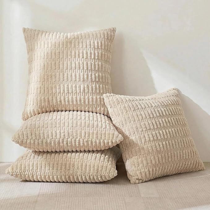 Fancy Homi 4 Packs Beige Decorative Throw Pillow Covers 20x20 Inch for Living Room Couch Bed Sofa, Tan Rustic Farmhouse Boho Home Decor, Soft Plush Striped Corduroy Square Cushion Case 50x50 cm