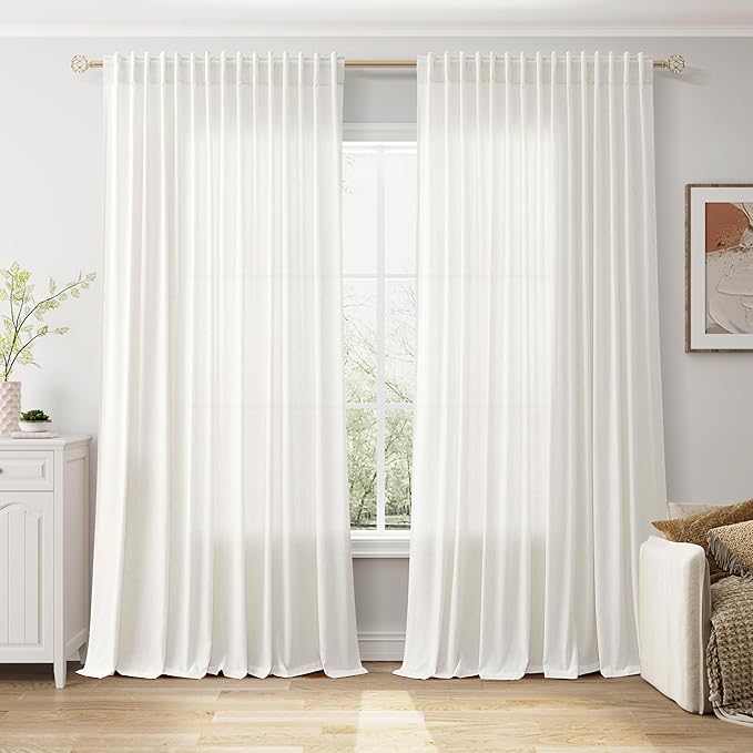 Nanspring Extra Wide 100x108 Inch Linen Curtains for Living Room Divider Light Filtering Semi Sheer Curtains for Sliding Door Beige White Coastal Decor Floor to Ceiling Window Curtain Panel