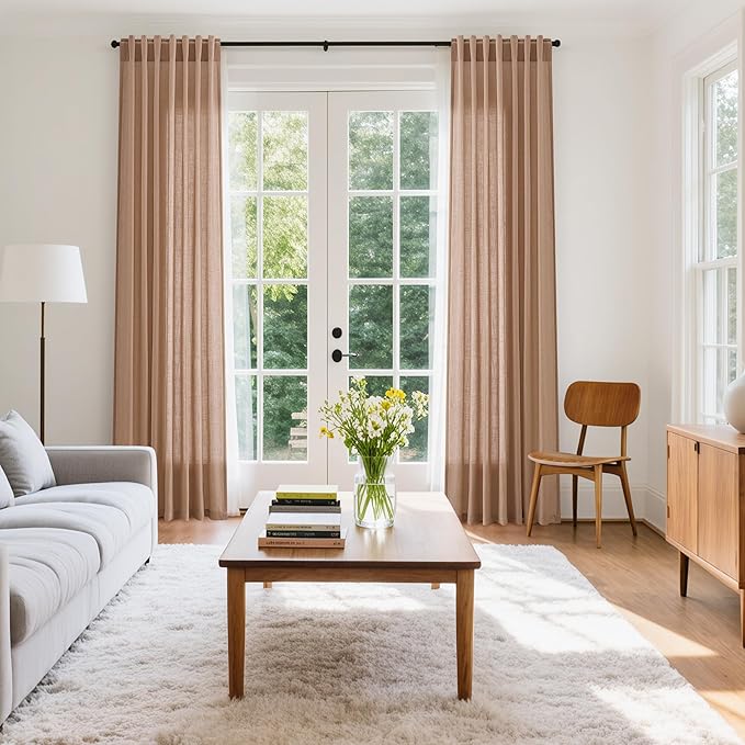 Nanspring Peach Linen Curtains 102 Inches Long Rod Pocket Back Tab Drapes 2 Panels Set for Girl Kids Bedroom Light Filtering Semi Sheer Peach Curtain 102 Length for Patio Door Bedroom 52x102