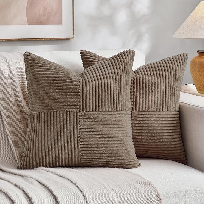 Fancy Homi Set of 2, Light Brown Patchwork Corduroy Decorative Soft Striped Modern Accent Cushion Case Farmhouse Boho Neutral Throw Pillow Covers for Chair Couch Bed Sofa Living Room 26x26 Inch