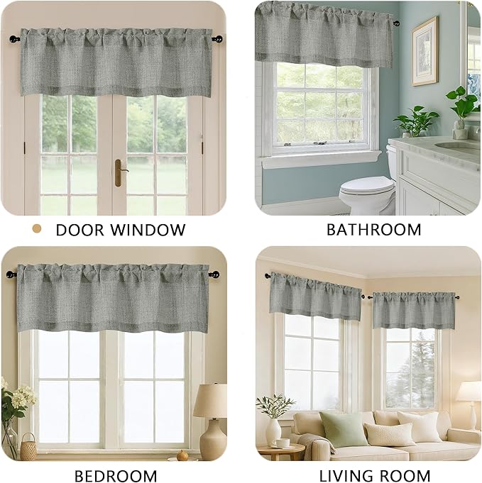 OVZME Valance for Windows, Light Filtering Faux Linen Textured Small Kitchen Valances for Windows, Dual Rod Pocket Farmhouse Short Curtain for Bathroom Basement, 52Wx18L inch, 1 Piece, Dark Grey