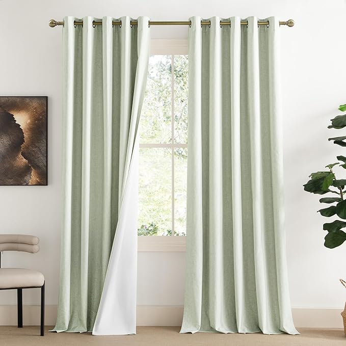 NICETOWN Extra Long Linen 100% Blackout Curtains 120" Length 2 Panels Set with Thermal Insulated Liners, Sage Green, 62" Width, Farmhouse Style Window Draperies for Patio Sliding Glass Door