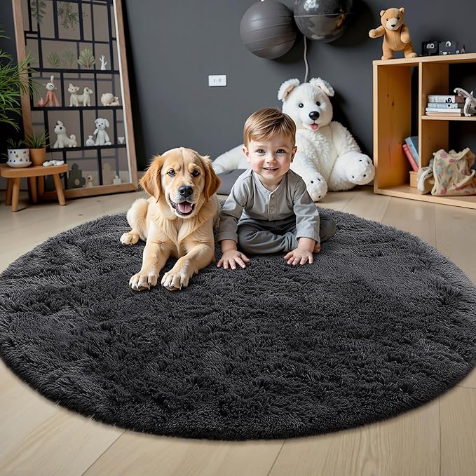 OLANLY Black Round Rugs for Bedroom - Machine Washable, 6 ft Circle Area Rugs for Living Room, Soft and Fluffy Shaggy Carpet for Teen Girls and Boys, Nursery Rooms, Dorms, Home Decor Aesthetic