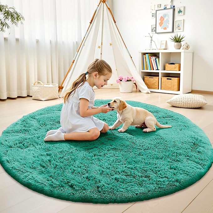 OLANLY Teal Green Round Rugs for Bedroom - Machine Washable, 6 ft Circle Area Rugs for Living Room, Soft and Fluffy Shaggy Carpet for Teen Girl and Boys, Nursery Rooms, Dorms, Home Decor Aesthetic