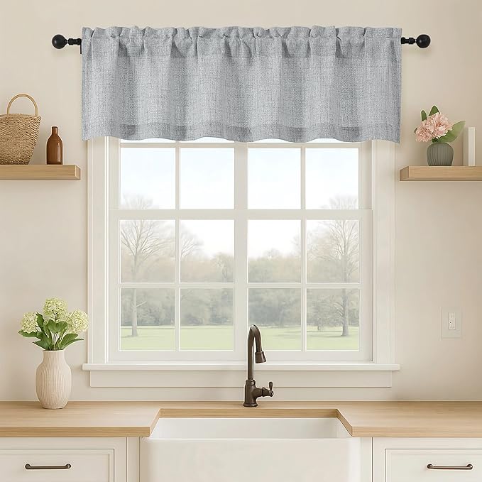OVZME Grey Valance for Windows, Light Filtering Faux Linen Textured Small Short Valance Kitchen Curtain, Dual Rod Pocket Top Short Window Curtain for Bathroom Basement Farmhouse, 1 Piece, 60Wx14L