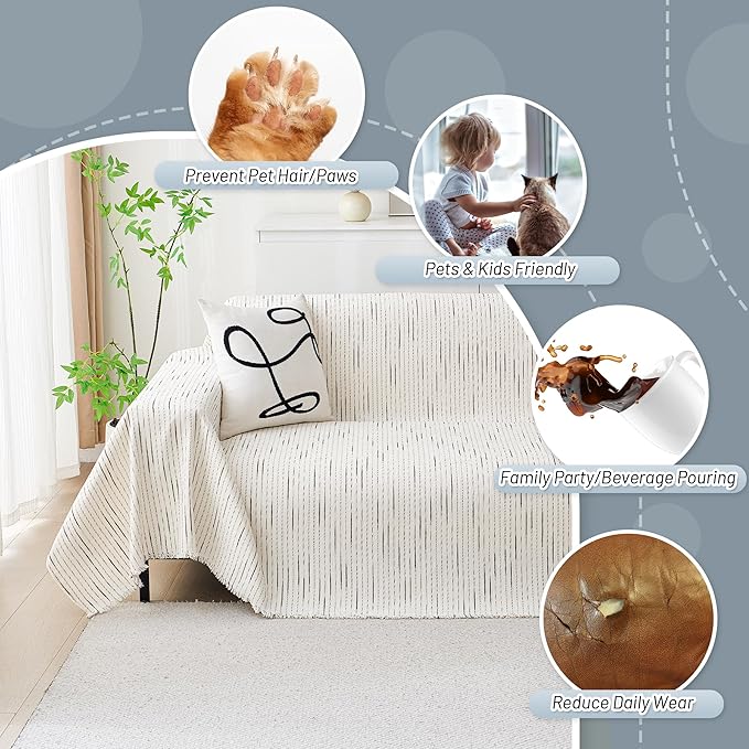 MYSKY HOME Couch Cover for Dogs, Sectional Couch Cover, Beige Lines Sofa Covers for Sectional Sofa L Shape Chenille Couch Protector for Dogs Pets Couch Covers Washable Soft Throw, 91"X134"