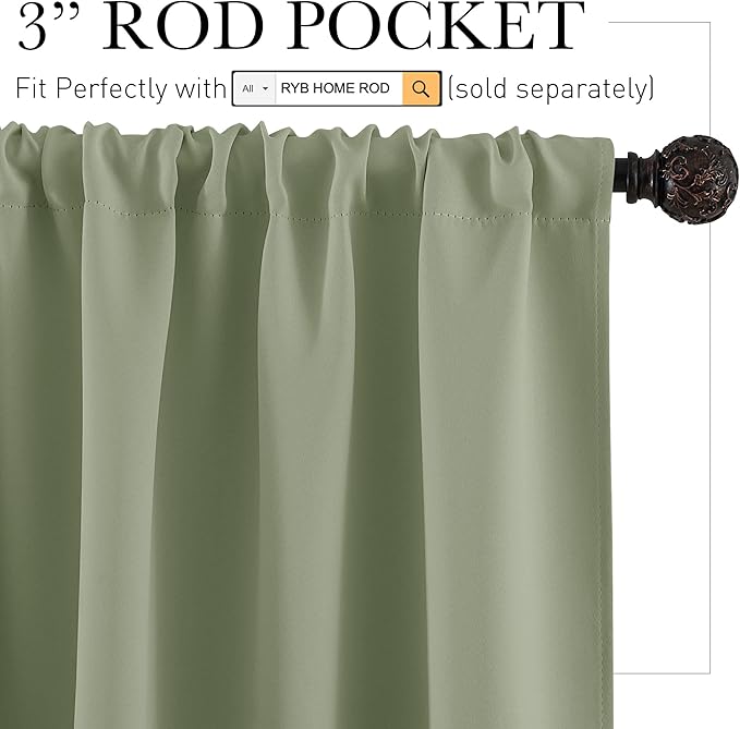 RYB HOME Blackout French Door Window Curtain Covering, Rod Pocket Thermal Insulated Privacy Non See Through Drapes for Bathroom Window, Width 29 by Length 45, Sage Green, 2 Panels