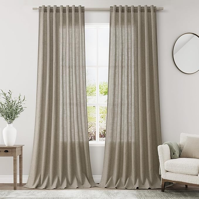 Mocha Linen Curtains 96 Inches Long for Living Room Rod Back Tab Vintage Rustic Farmhouse Light Filtering Curtain Burlap Textured Linen Drapes 96 Inch Length for Dinning Room Bedroom 52x96 8 FT