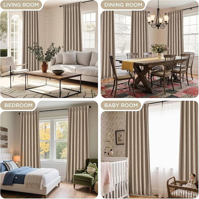 Joydeco Thick Linen Pinch Pleated Curtains 96 Inch Long 2 Panel Set for Living Room, Double-Faced Curtain for Bedroom, Back Tab Blackout Drapes with Adjustable Hooks (40”W x96”L,Thick Linen)