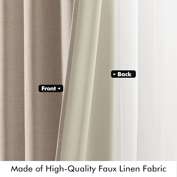 MIULEE 100% Blackout Linen Curtains for Bedroom, Beige Solid Luxury Decor Thermal Insulation Room Darkening Drapes for Living Room Nursery Back Tab Rod Pocket 42 x 108 Inches, 2 Panels