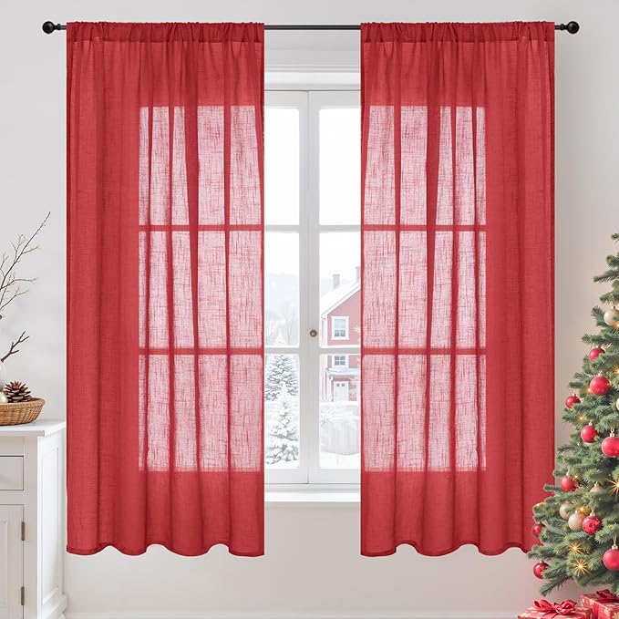 BGment Red Linen Curtains 63 Inches Long for Living Room, Semi Sheer Window Drapes Lightweight Rustic Country Textured Rod Pocket for Dining Bedroom, 2 Panels Set, Each 42 Inch Wide