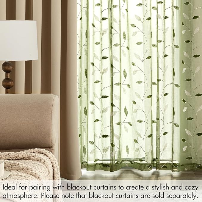 MIULEE Sage Green Sheer Curtains 2 Panels Embroidered Leaf Patterned Rod Pocket Floral Semi Sheer Faux Linen Window Curtains Drapes Set for Living Room Bedroom Dining Room, 52x96 Inches Long