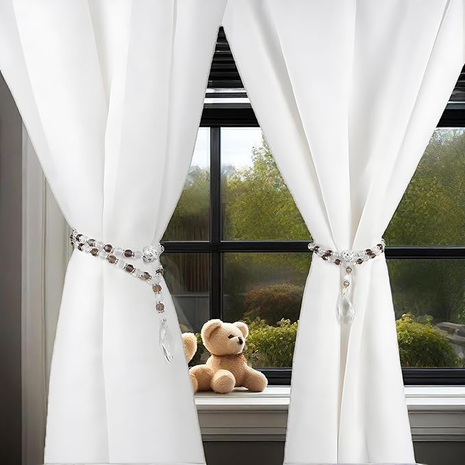 SUQ I OME 1 Pair of Luxury Crystal Beaded Magnetic Curtain Tieback and Holdback Curtain Clips Curtain Buckle Curtain Holder Blingbling Curtain Holdbacks for Drapes,Gray