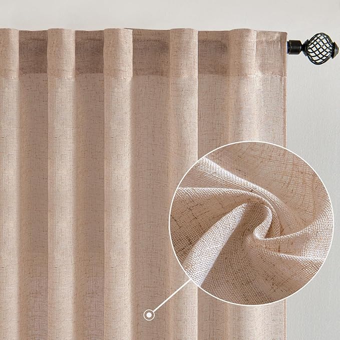 MIULEE Natural Beige Linen Curtains 108 Inches Long 2 Panels for Bedroom Living Room, Soft Linen Textured Window Drapes Semi Sheer Light Filtering Back Tab Rod Pocket Farmhouse Burlap Look Decor