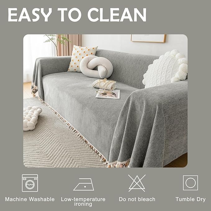 HANDONTIME Couch Slipcovers for Sofas Dark Grey Couch Cover Sofa Cover for Dogs Boho Pet Couch Protector with Tassel Chenille Herringbone Couch Cover for 2 3 Seat Washable Pet Friendly, 71" X134"