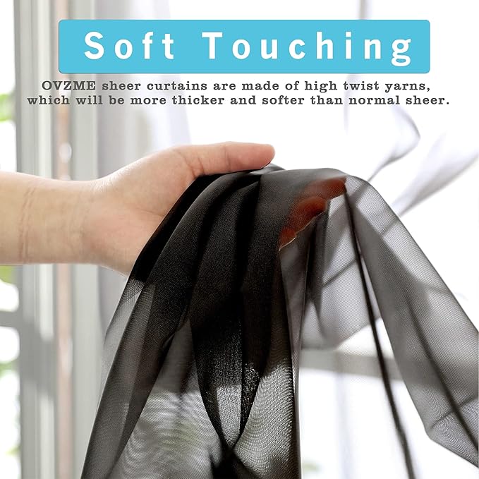 OVZME 2 Panels Sheer Black Curtains 54 Inches Length Window Treatment for Kitchen, Elegant Airy Transparent Curtain Draperies Rod Pocket for Kids Living Room, Each 42 Width 54 Length