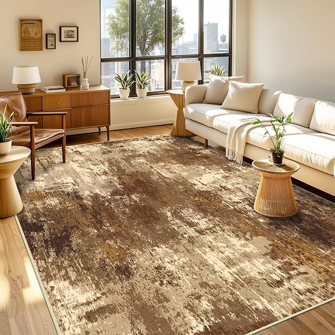 Washable Area Rugs 3'x5' Non-Slip Modern Abstract Soft for Living Room Entryway Bedroom Nursery, Print Pattern, Brown Tan Beige Coffee